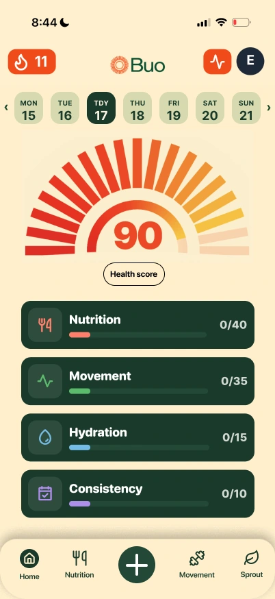 The Buo home screen: a Health Score of 90 with Nutrition, Movement, Hydration and Consistency underneath