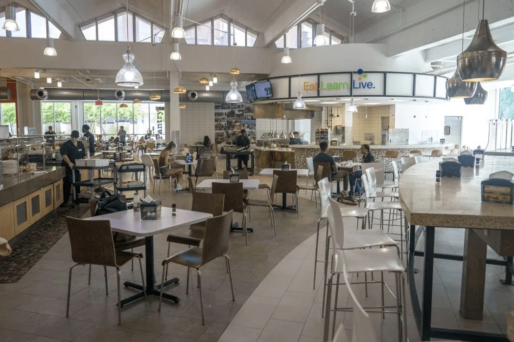 People eating together in a dining hall
